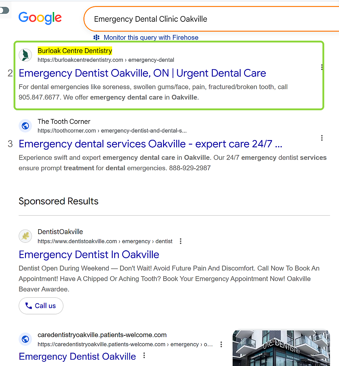 Google result showing Burloak Centre Dentistry second for emergency dental clinic Oakville