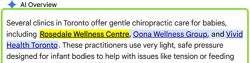 Google AI answer for baby chiropractor Toronto: Rosedale Wellness Centre