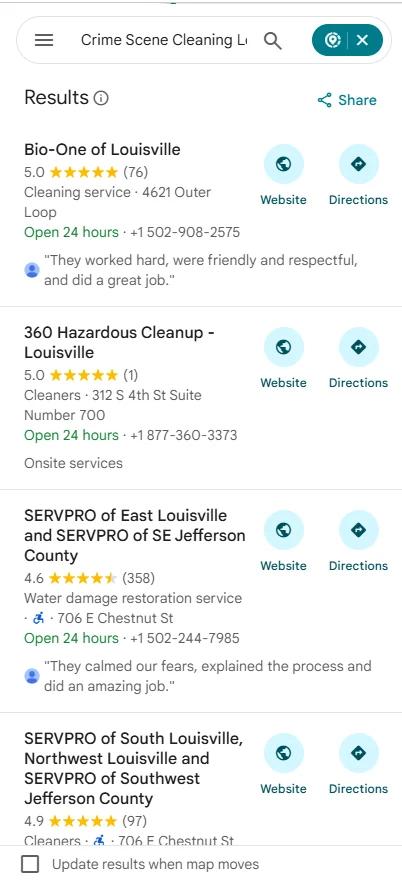 Google Maps results panel showing 360 Hazardous Cleanup ranked second for crime scene cleaning Louisville