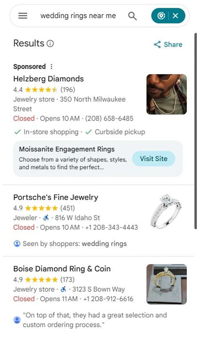 Google Maps results for Wedding Rings Near Me with Boise Diamond at position 2