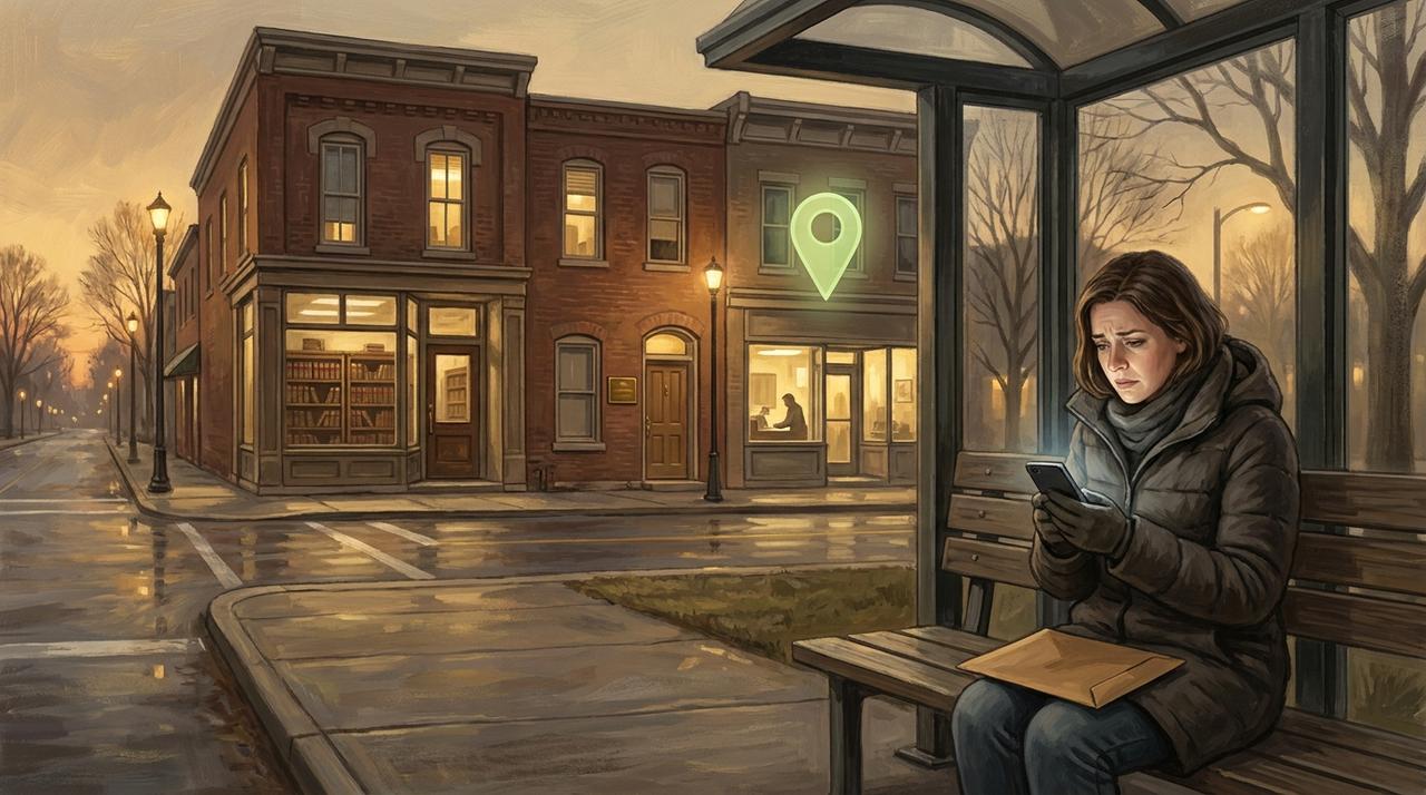 Painted illustration of a small-city street at dusk: a woman on a bus-stop bench looks worried at her phone, a manila envelope on her lap, across from three brick law offices with lit windows, a faint green map pin floating over one of them