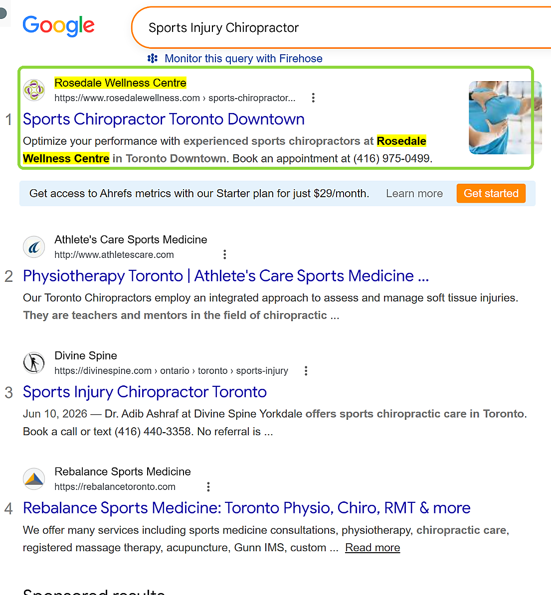 Google result showing Rosedale Wellness Centre first for sports injury chiropractor