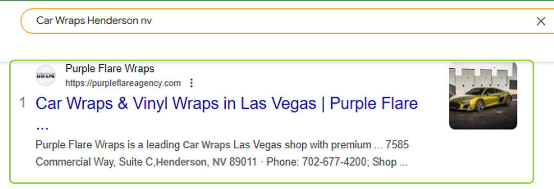 Google search for Car Wraps Henderson nv: Purple Flare Wraps is result number 1
