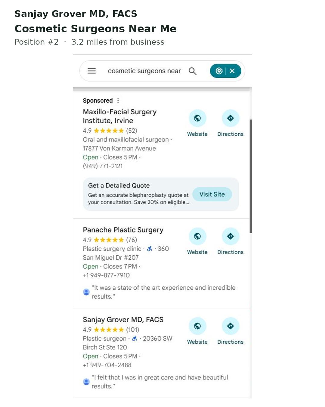 Google Maps results for cosmetic surgeons near me: a sponsored listing, Panache Plastic Surgery, then Sanjay Grover MD, FACS