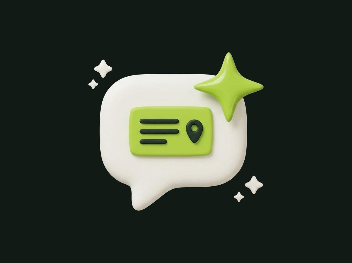 A chat bubble with a sparkle, holding a small green card with a map pin, as an AI answer naming one business