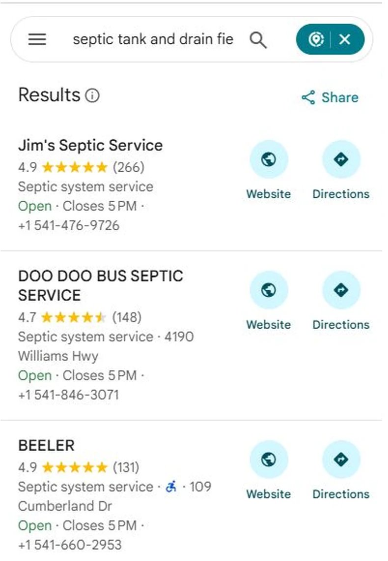 Google Maps results for septic tank and drain field installation with BEELER third