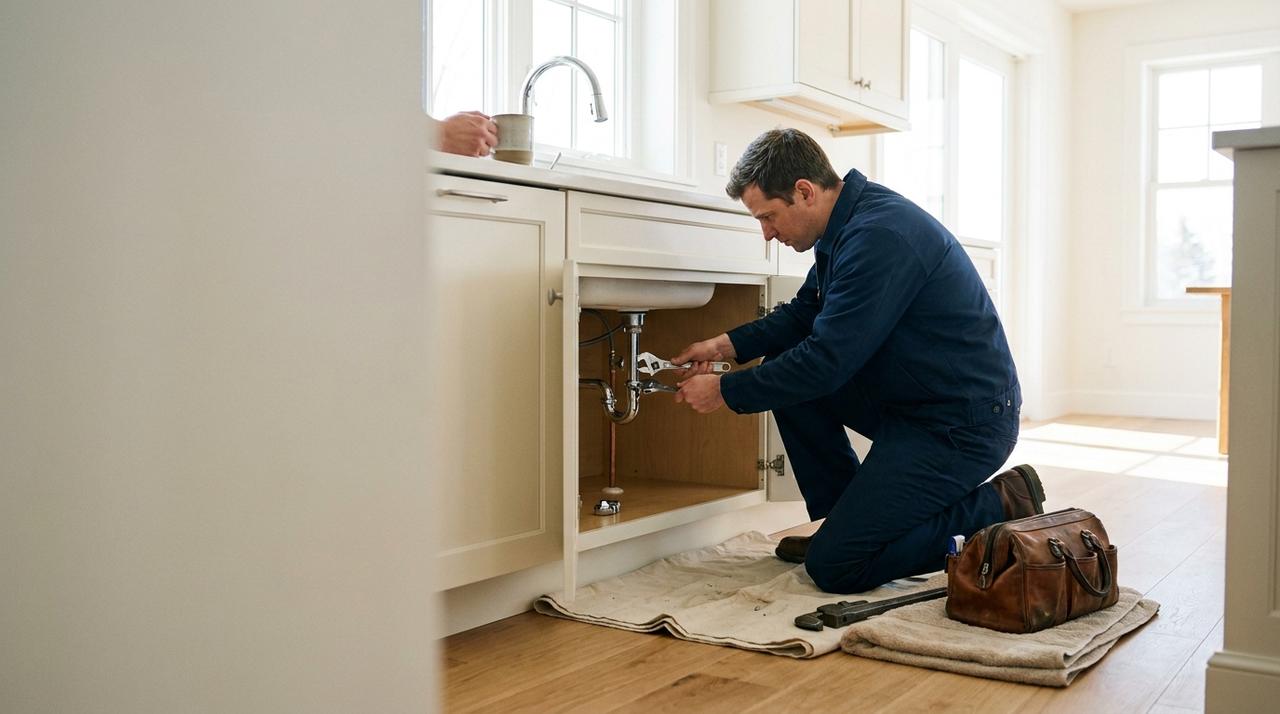 A plumber in navy work clothes fitting a valve under a kitchen sink