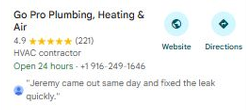 Google Maps listing: Go Pro Plumbing, Heating and Air, first business under the ad for HVAC contractor