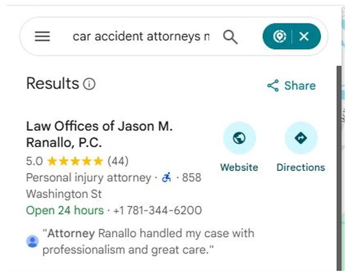 Google Maps results for car accident attorneys near me with Law Offices of Jason M. Ranallo at position 1