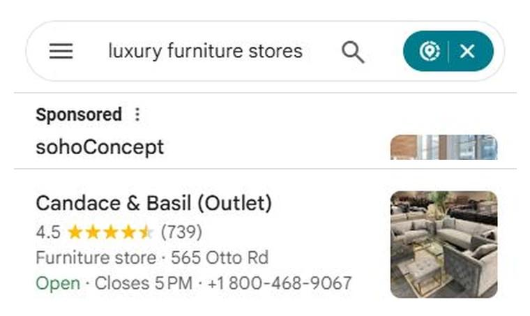 Candace & Basil, Mississauga: #10 to the first unpaid listing on Google Maps for luxury furniture stores.