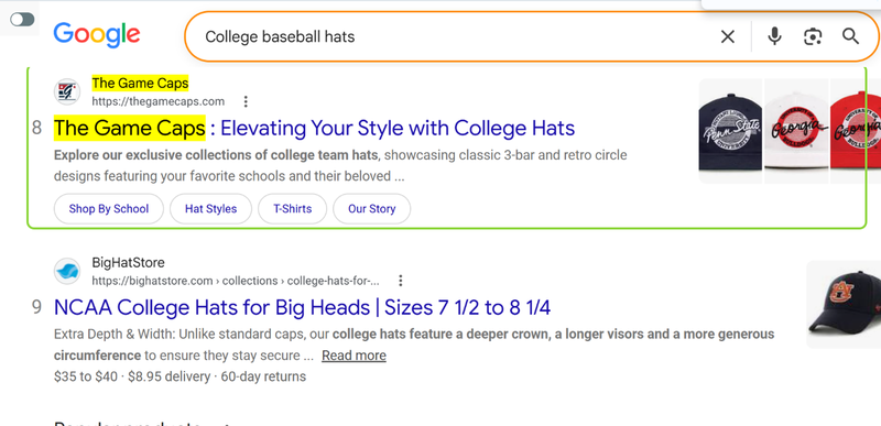 College Baseball Hats: The Game Caps at #8, above BigHatStore