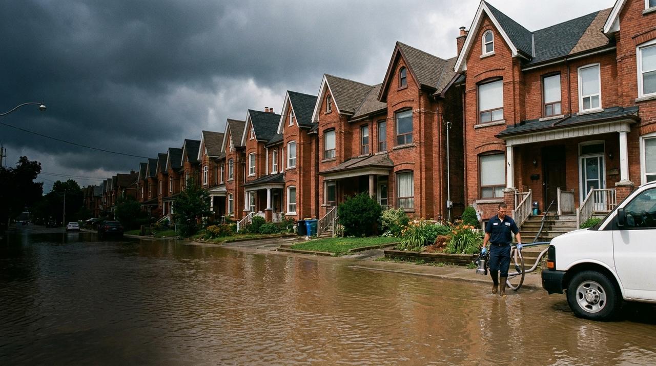 A restoration technician in rubber boots carrying a pump and hose through floodwater on a street of red-brick Toronto semi-detached houses after a summer storm, with a white van at the curb