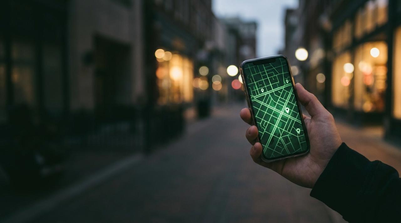 Phone showing a map with local business pins on a city street at dusk