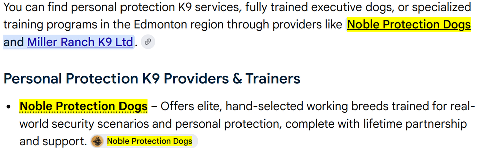 Google AI answer for personal protection k9 Edmonton: Noble Protection Dogs