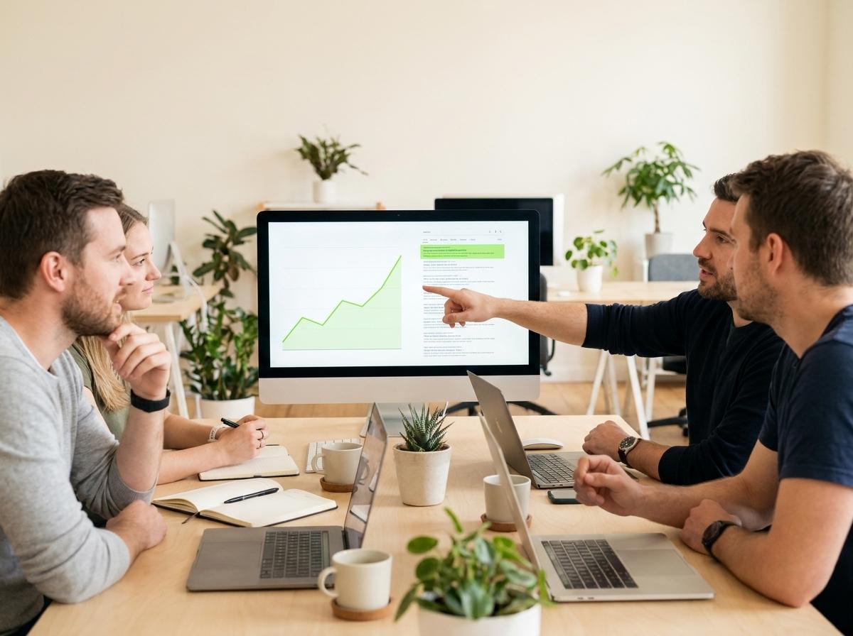 An SEO team meeting around a monitor showing a rising green chart and a search results list