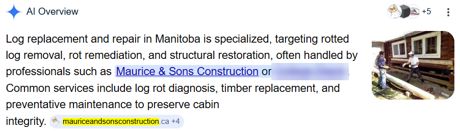 Google AI Overview for Log Replacement Manitoba saying the work is often handled by professionals such as Maurice and Sons Construction, citing mauriceandsonsconstruction.ca