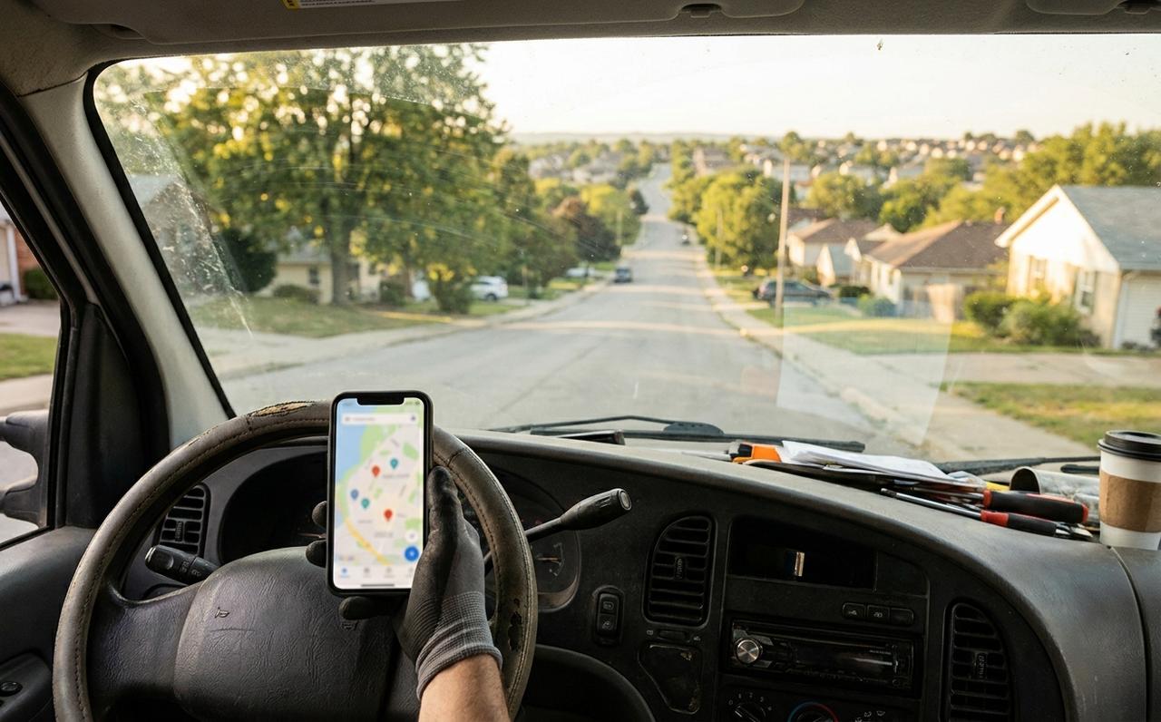 A tradesperson in a work van checks a map on their phone before driving out to a job in the next town