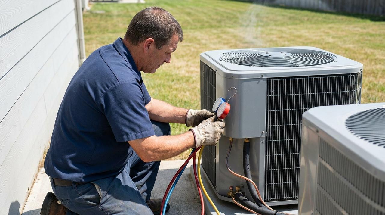 An HVAC technician in a navy work shirt kneels beside a home air conditioning unit and connects refrigerant gauges on a hot summer day