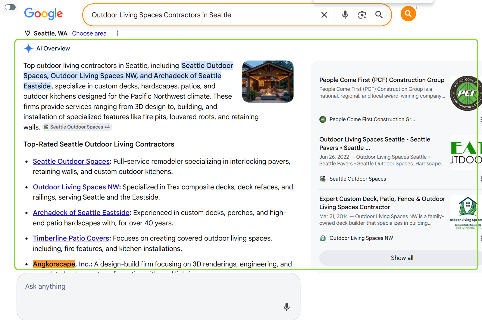 Google AI Overview for Outdoor Living Spaces Contractors in Seattle, with Angkorscape, Inc. in its list of top-rated contractors