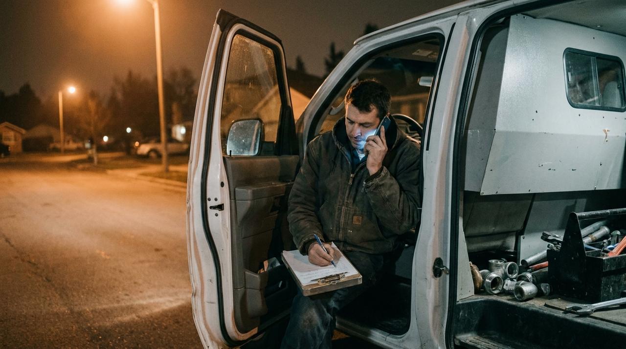 A plumber sitting in his open work van at night, on the phone, writing an address on a clipboard