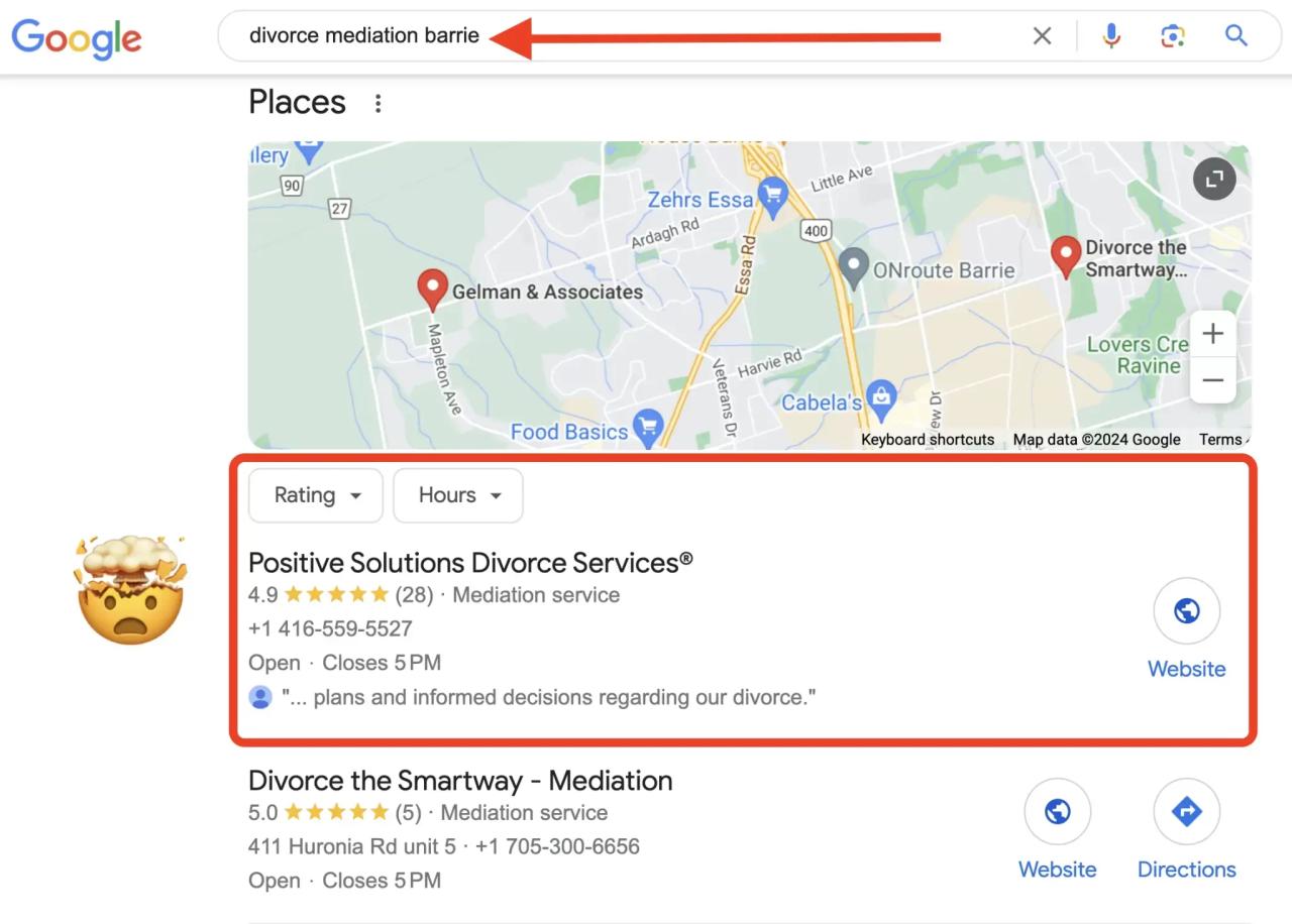 Google results for divorce mediation barrie with Positive Solutions Divorce Services first in the Places list