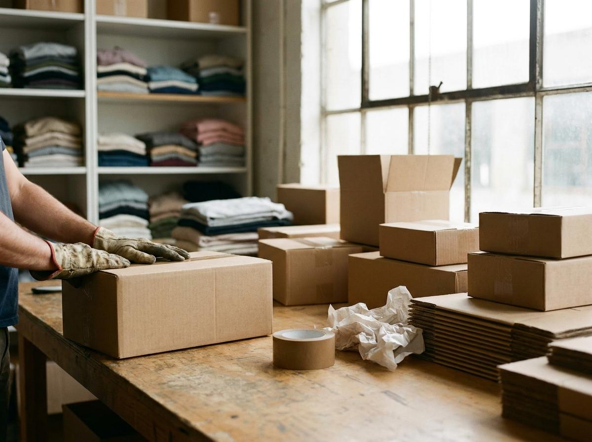Packing orders into shipping boxes in an ecommerce brand studio