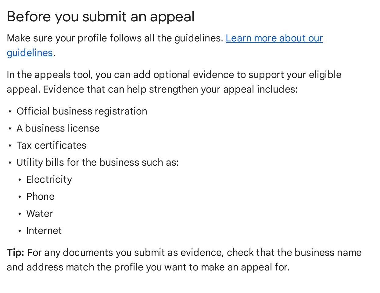 Google Business Profile Help list of evidence for an appeal: official business registration, a business license, tax certificates and utility bills, with a tip that the name and address must match the profile