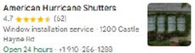 American Hurricane Shutters listed first on Google Maps for Storm Shutters Near Me, 4.7 stars from 62 reviews