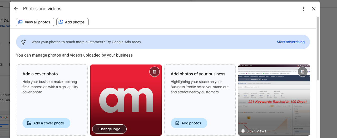 The Photos and videos manager in a Google Business Profile showing the Add photos control
