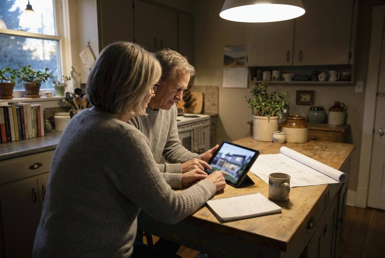 A couple at a kitchen island researching architects on a tablet, with a lot survey and a notebook