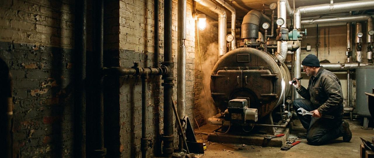 A heating technician with a flashlight and wrench checking an old steam boiler in the brick basement of a New York apartment building