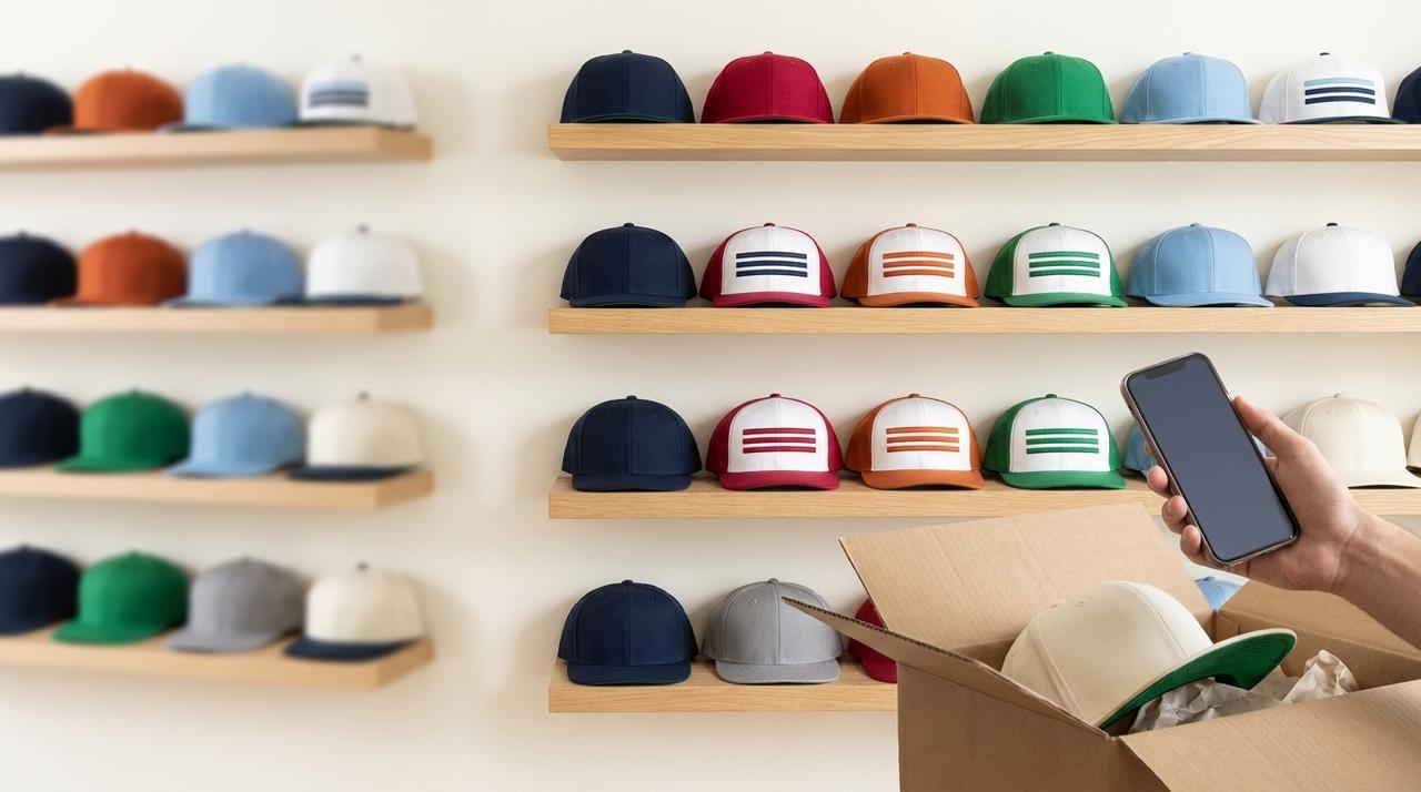 A wall of blank collegiate snapback caps in school colours on oak shelves, with a phone and a shipping box holding a cream cap