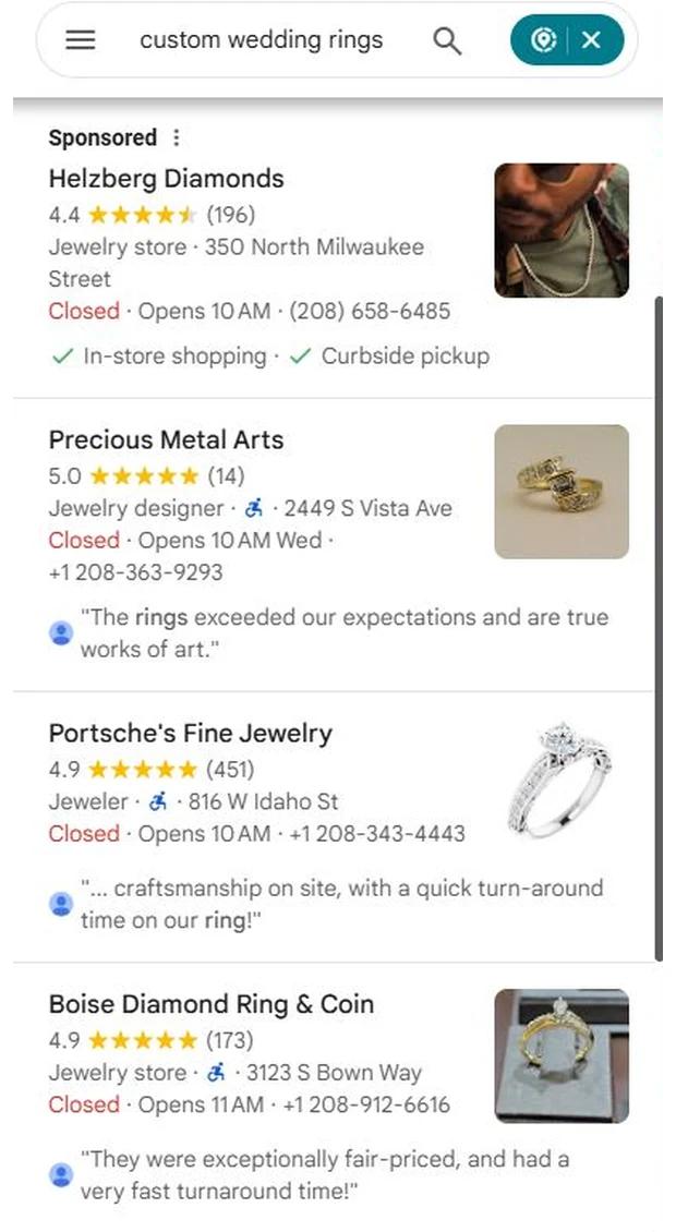 Google Maps results for Custom Wedding Rings with Boise Diamond at position 3