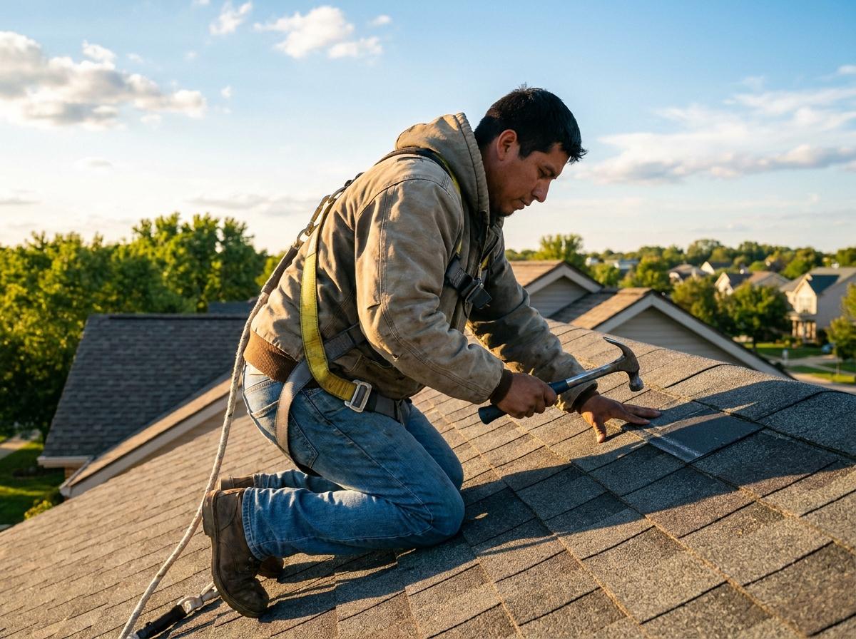 Roofer laying new shingles on a house roof