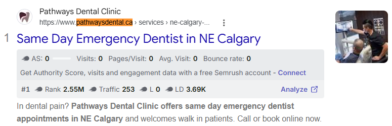 Google result number 1 for Same Day Emergency Dentist in NE Calgary: Pathways Dental Clinic, pathwaysdental.ca, services, NE Calgary.