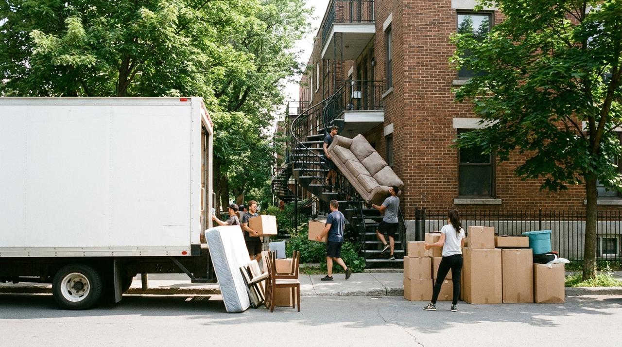 Movers carrying a sofa down an outdoor spiral staircase on a Plateau street in Montreal on July 1, with boxes, chairs and a mattress on the sidewalk beside a moving truck