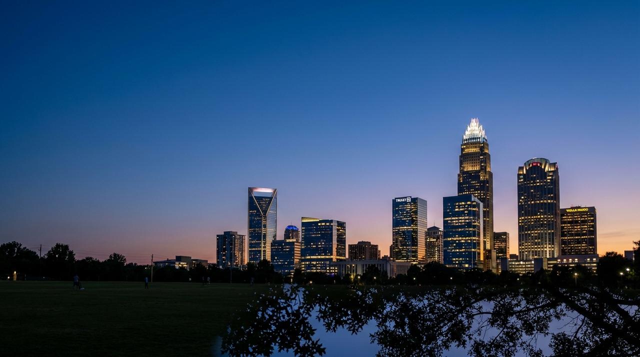 Uptown Charlotte skyline at blue hour, seen across the lawn at Romare Bearden Park