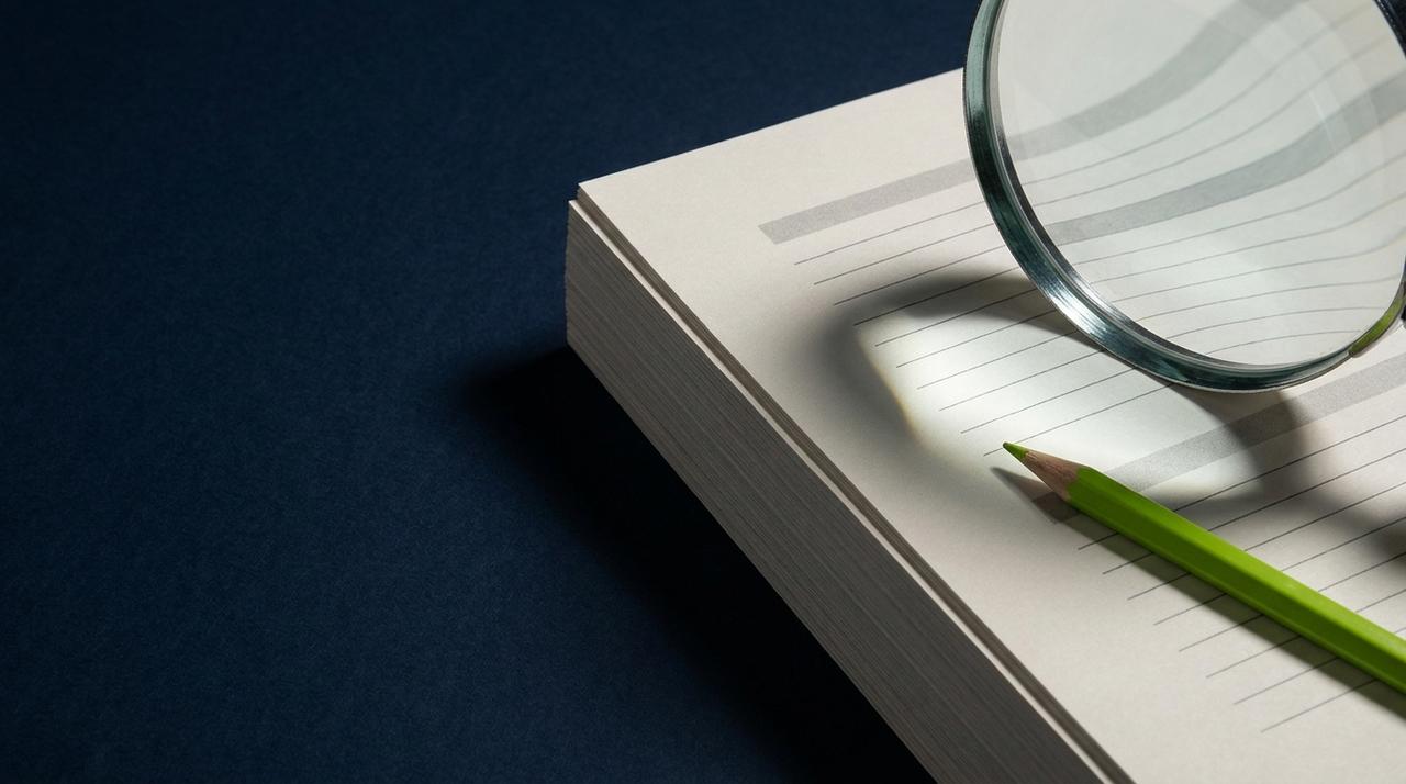 A magnifying glass and lime pencil examining a stack of reports