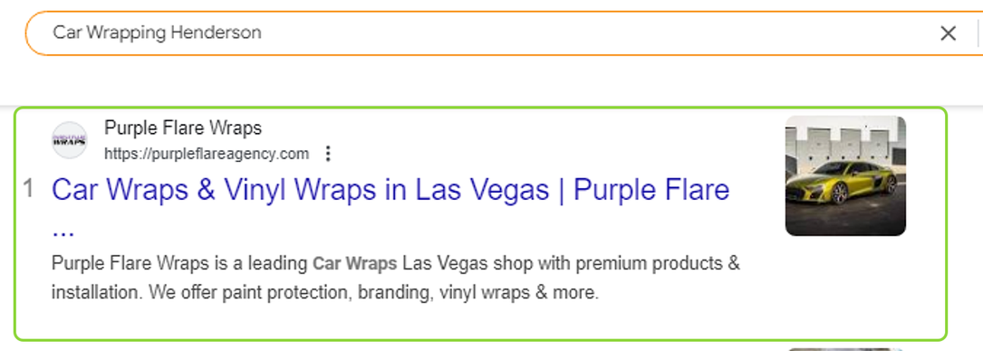 Google search for Car Wrapping Henderson: Purple Flare Wraps is result number 1
