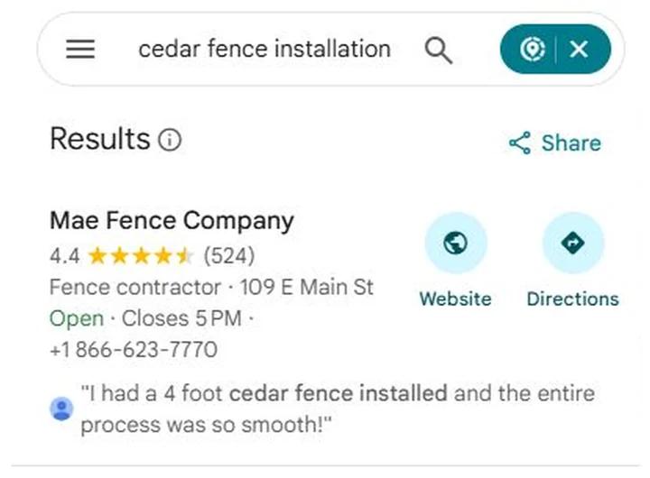 Google Maps results for cedar fence installation with Mae Fence Company at position 1