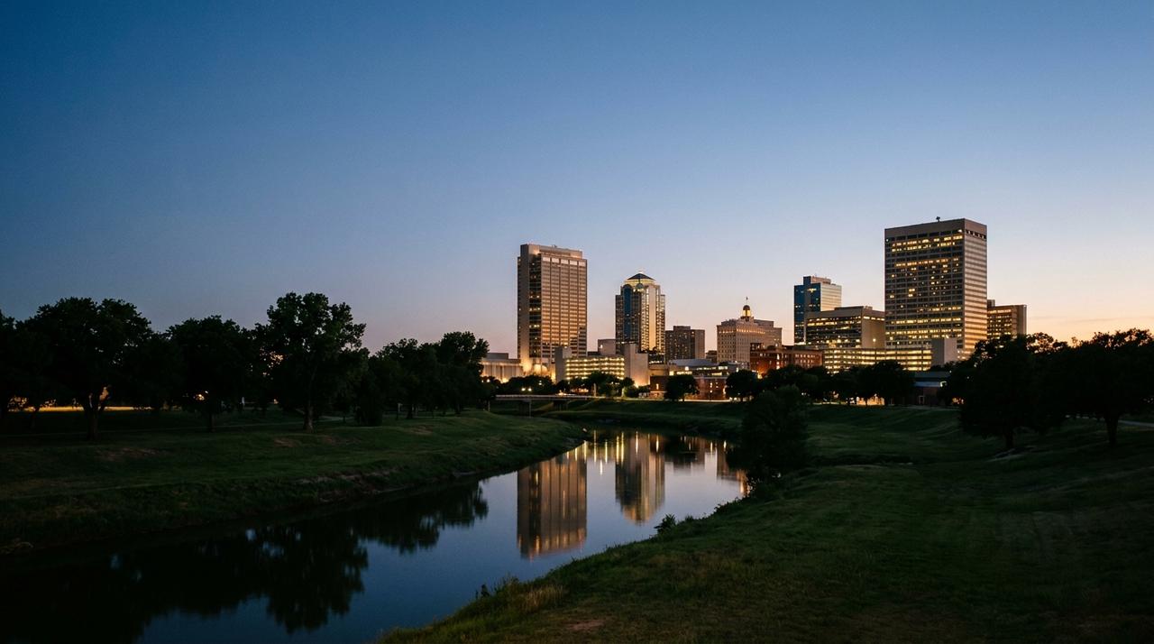 Downtown Fort Worth skyline at blue hour across the Trinity River