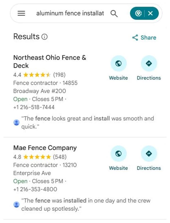 Google Maps results for aluminum fence installation Cleveland with Mae Fence Company (Cleveland) at position 2