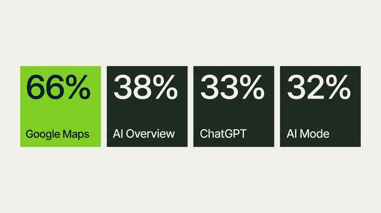 Four figures: Google Maps 66%, AI Overview 38%, ChatGPT 33%, AI Mode 32%