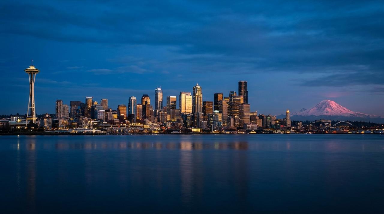 The Seattle skyline at blue hour across Elliott Bay, with the Space Needle and Mount Rainier in the distance