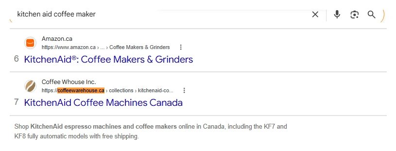 Google search for kitchen aid coffee maker with Coffee Warehouse at result 7