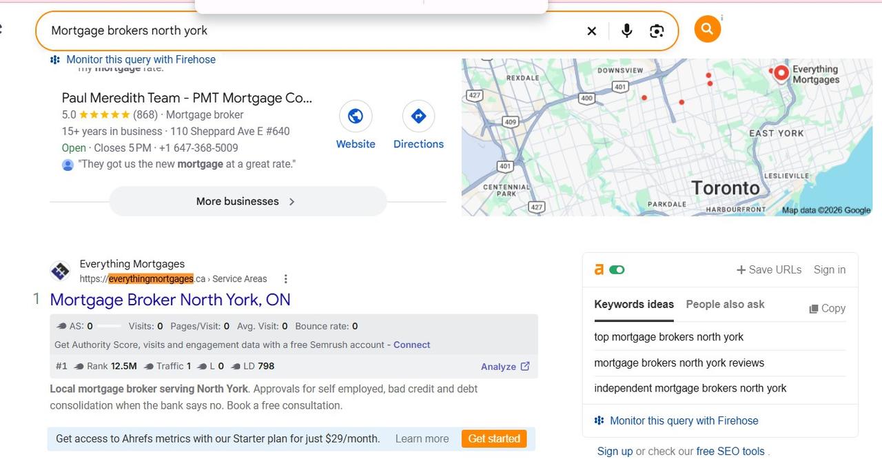 Google results for Mortgage brokers North York with Everything Mortgages pinned on the map and its website as the first ordinary result