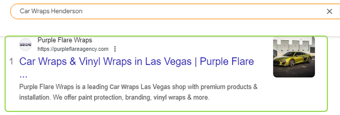 Google search for Car Wraps Henderson: Purple Flare Wraps is result number 1