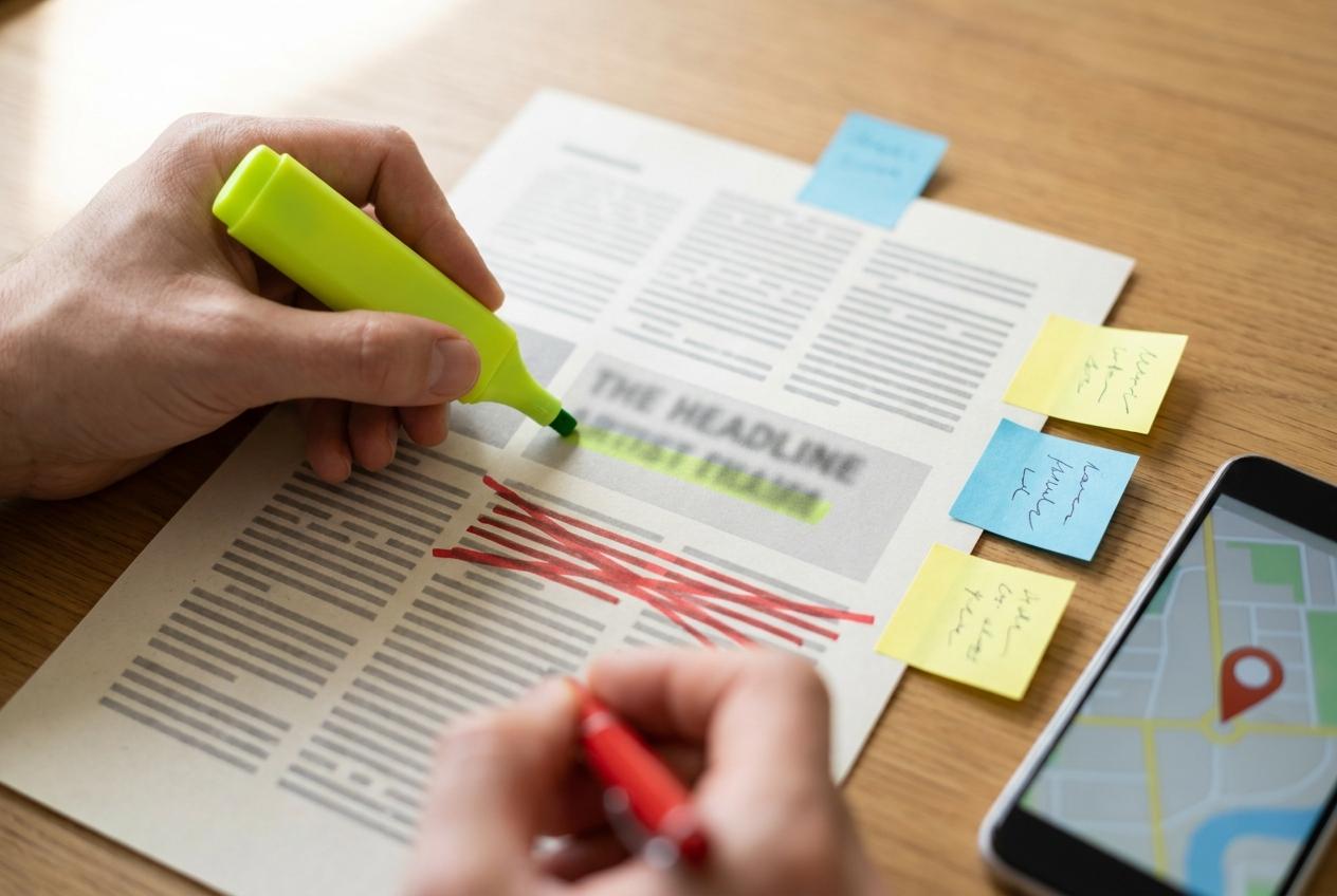 A printed service page being marked up with a highlighter on the headline and a red pen through a paragraph