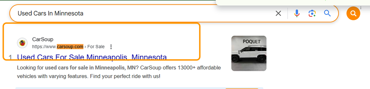 Google result showing CarSoup first for Used Cars in Minnesota