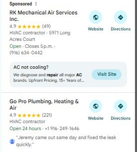 Google Maps results for HVAC Contractor in Sacramento: one sponsored listing, then Go Pro Plumbing, Heating and Air first with 4.9 stars from 221 reviews